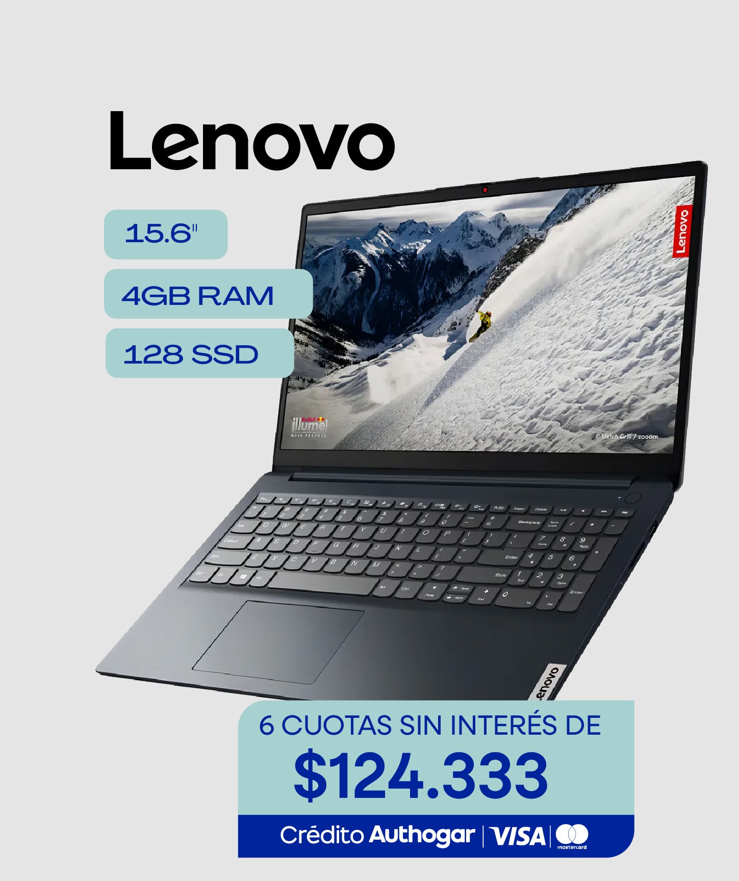 Lenovo 15.6" 4GB RAM 128 SSD 6 CUOTAS SIN INTERÉS DE $124.333 Crédito Authogar VISA Mastercard